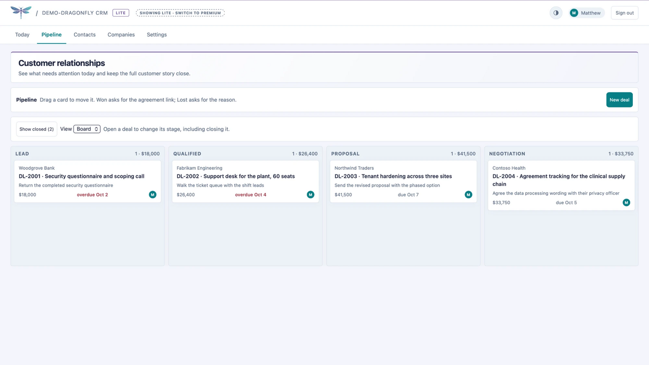 Dragonfly CRM · fictional demo data