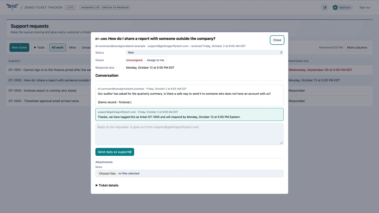Ticket Tracker · fictional demo data